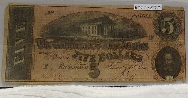 Confederate: 1864 $5 Richmond, circ, signed & numbered