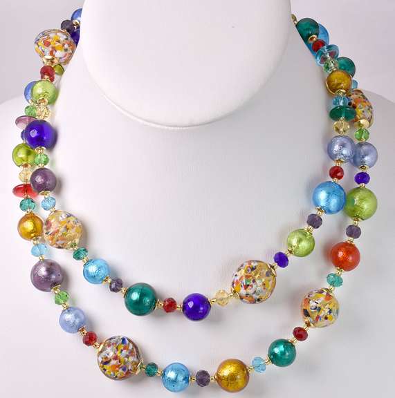Darling Italian Made, Colorful Hand Blown Art Glass and Gold Necklace