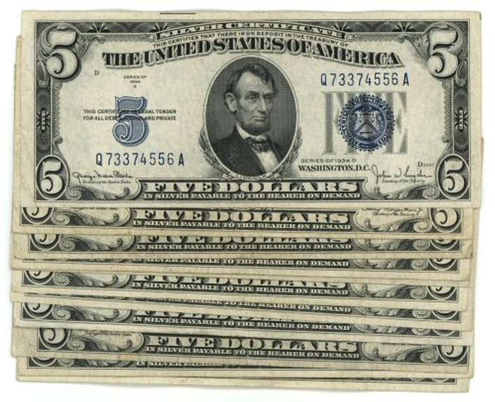11 Series of 1934 $5 Blue Seal Silver Certificate notes