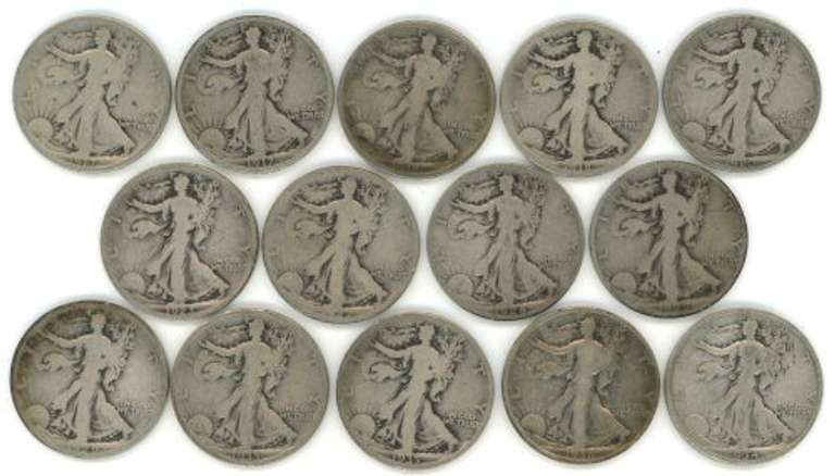 14 Assorted Early Walking Liberty Half Dollars 1917 to 1934-S