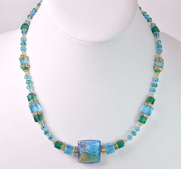 Dazzling Italian Made, Hand Blown Art Glass with Gold Leaf and Gold Plated Links Necklace