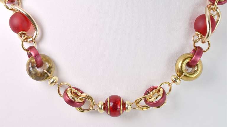 Precious Italian Made, Hand Blown Red Art Glass and Gold Links Necklace