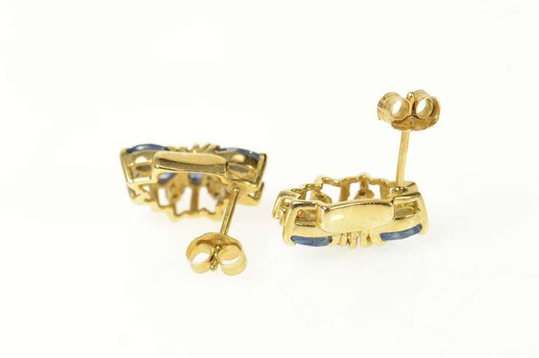 14K Yellow Gold Marquise Sapphire Diamond Curved Stud Earrings