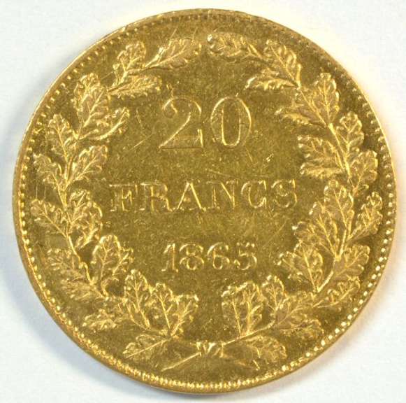 Scarce 1865 Leopold Belgium 20 Francs gold Piece. Nice