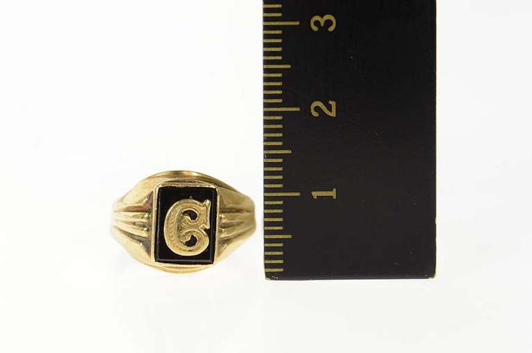 10K Yellow Gold Art Deco C Monogram Black Onyx Initial Ring