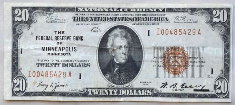 Clean 1929 $ 20 Minneapolis National Series Note