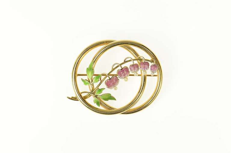 14K Yellow Gold Victorian Enamel Seed Pearl Foxglove Flower Pin/Brooch