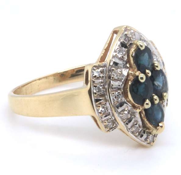 Charming Yellow Gold Marquise Shaped Blue Sapphire and Diamond Ring
