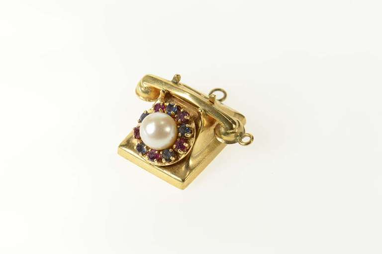 14K Yellow Gold Pearl Ruby Sapphire Telephone Retro Charm/Pendant