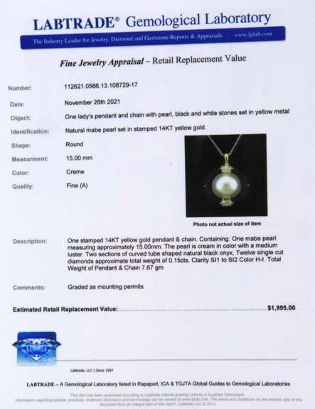 Fancy Yellow Gold Mabe Pearl, Diamond and Black Onyx Pendant on Chain