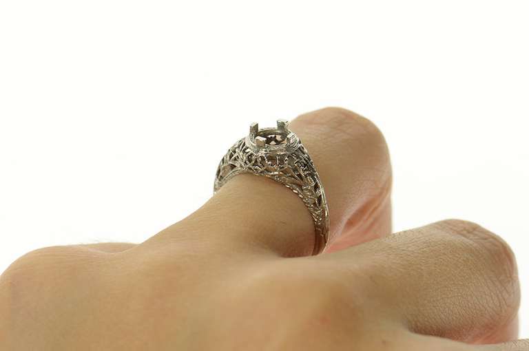 18K White Gold 5.75mm Art Deco Filigree Engagement Setting Ring