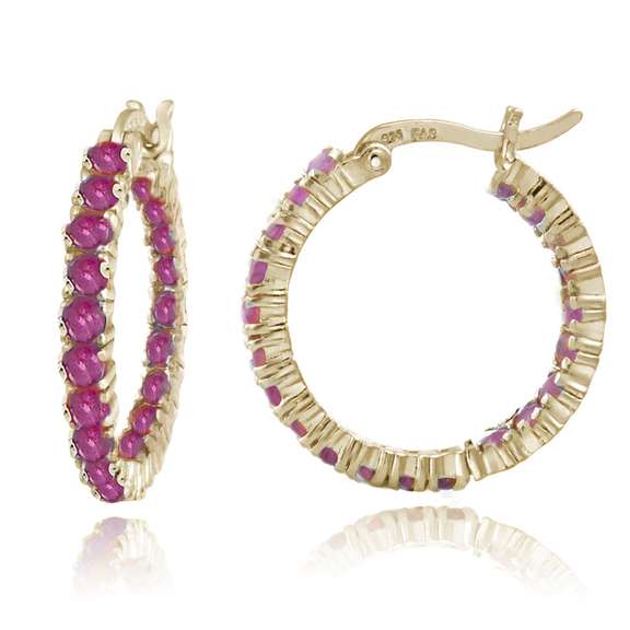 18K Gold Tone over Sterling Silver Inside Out Genuine Ruby Hoop Earrings