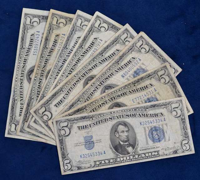 Lot Of 8 $5 Silver Certificates 1934, Circulated.