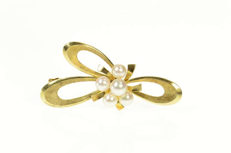 14K Yellow Gold Mikimoto Pearl Cluster Bow Ribbon Knot Pin/Brooch