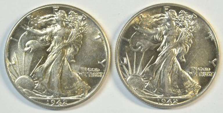 2 Near Gem BU 1942 Walking Liberty Half Dollars