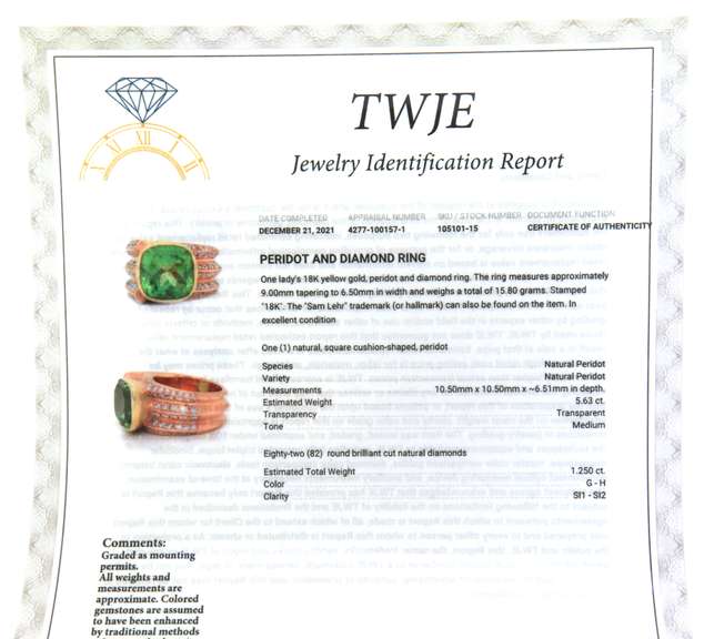 Powerful 18kt Cushion Cut Peridot and Diamond Ring