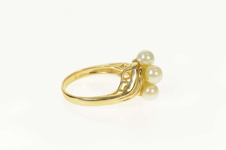 14K Yellow Gold Pearl Diamond Cluster Bypass Statement Ring