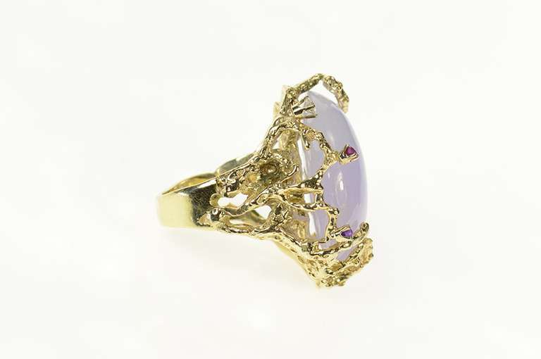 14K Yellow Gold Lavender Jade Diamond Ruby Tree Cocktail Ring