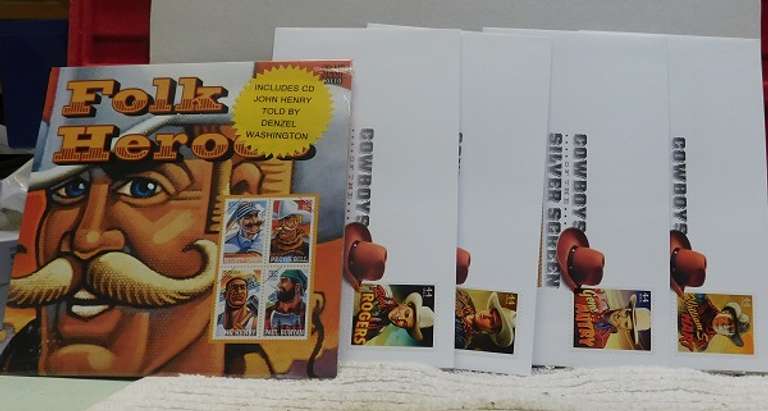 Stamps: Folk Heroes stamp block & CD; plus First Day covers