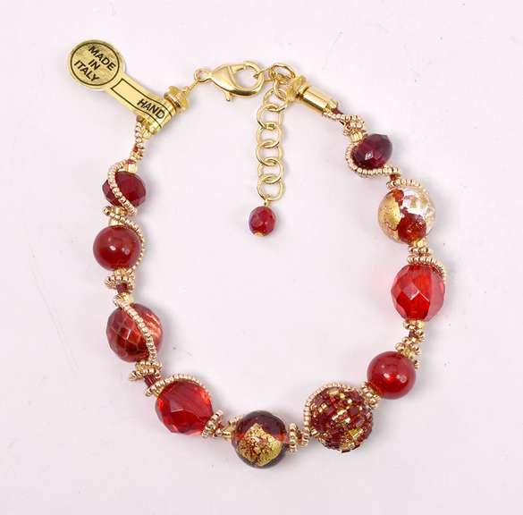 Fabulous Set of Italian Made, Hand Blown Art Glass and Gold Leaf Overlays Bracelet and Earrings