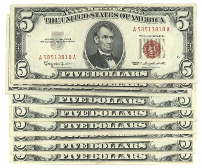 9 Near Crisp Uncirculated 1963 Series $5 Red Seal notes