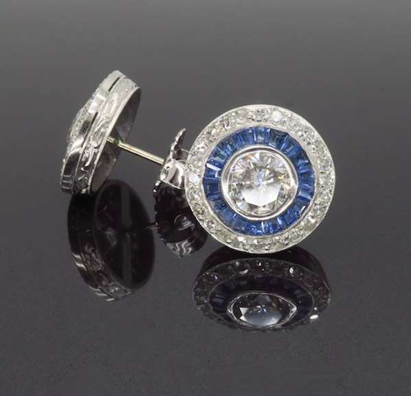 Vintage Blue Sapphire & Diamond Halo Earrings in Platinum
