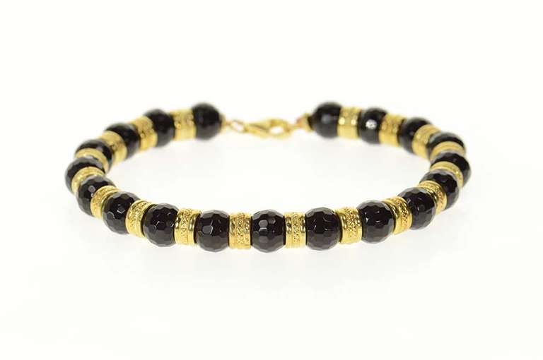 14K Yellow Gold Faceted Black Onyx Beaded Statement Bracelet