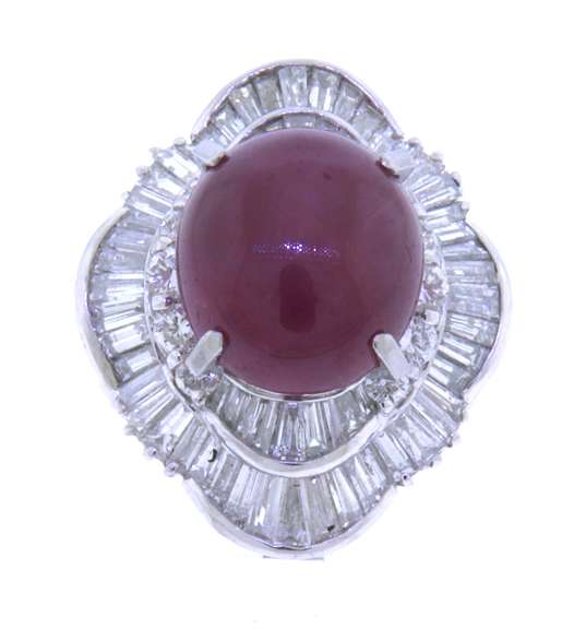 Outstanding Platinum Ruby Star Cab and Diamond Ring