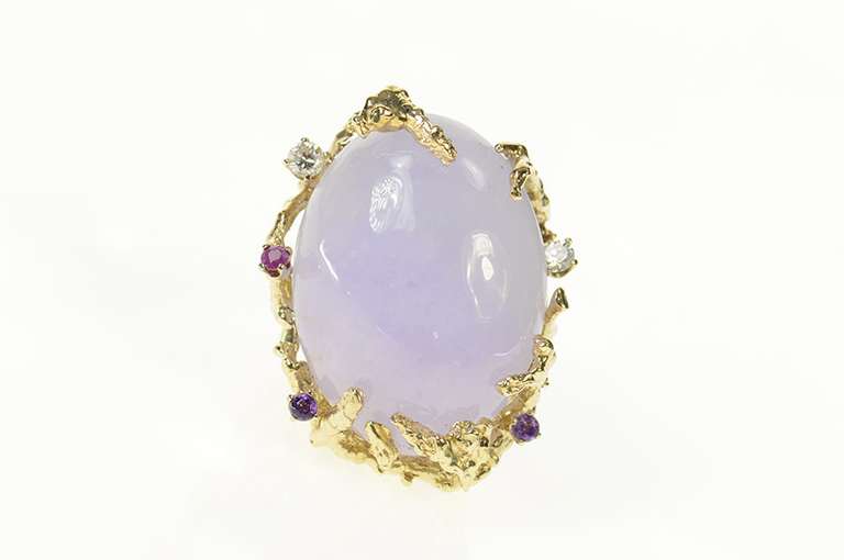 14K Yellow Gold Lavender Jade Diamond Ruby Tree Cocktail Ring