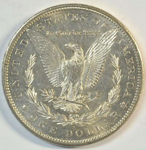 Frosty-white BU 1886-S Morgan Silver Dollar. Key date!