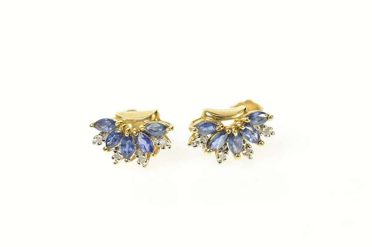14K Yellow Gold Marquise Sapphire Diamond Curved Stud Earrings