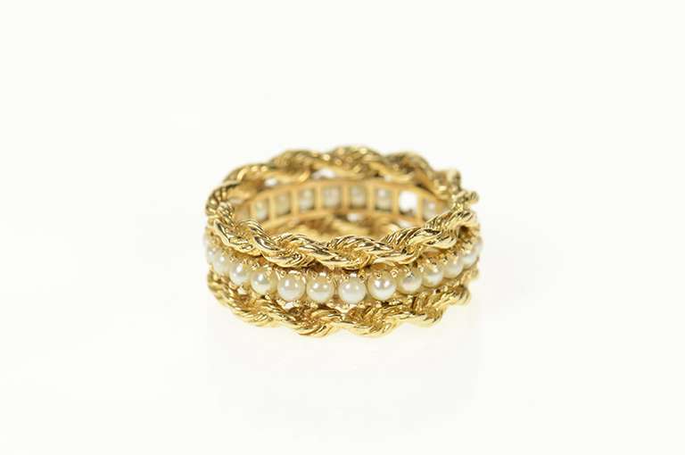 14K Yellow Gold Ornate Pearl Rope Trim Statement Band Ring