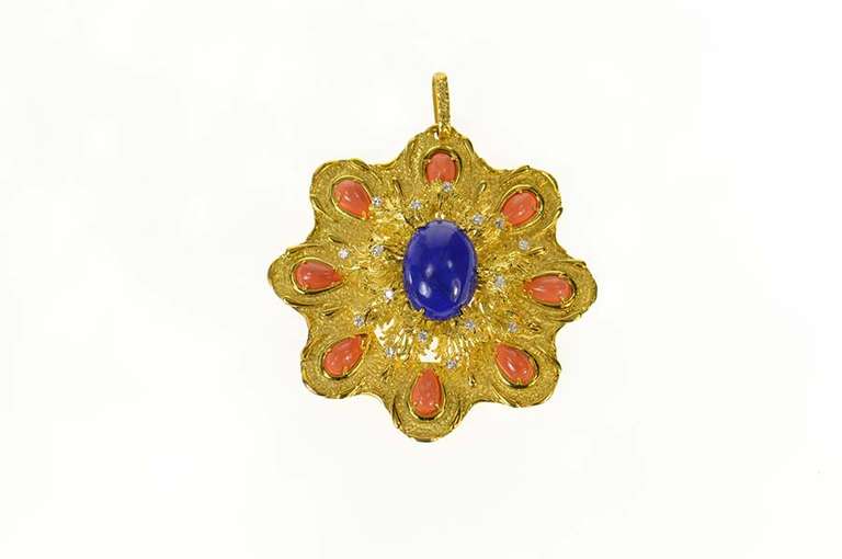 18K Yellow Gold Oval Lapis Lazuli Diamond Coral Statement Pendant