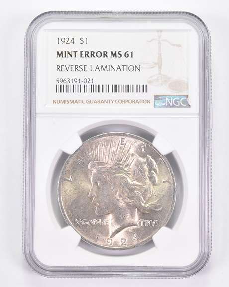 Mint Error MS61 1924 Peace Silver Dollar REV Lamination - Graded NGC