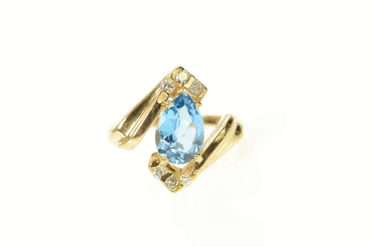 14K Yellow Gold Pear Blue Topaz Diamond Bypass Statement Ring