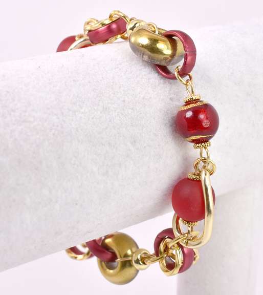 Darling Italian Made, Hand Blown Art Glass and Gold Links Bracelet and Earrings