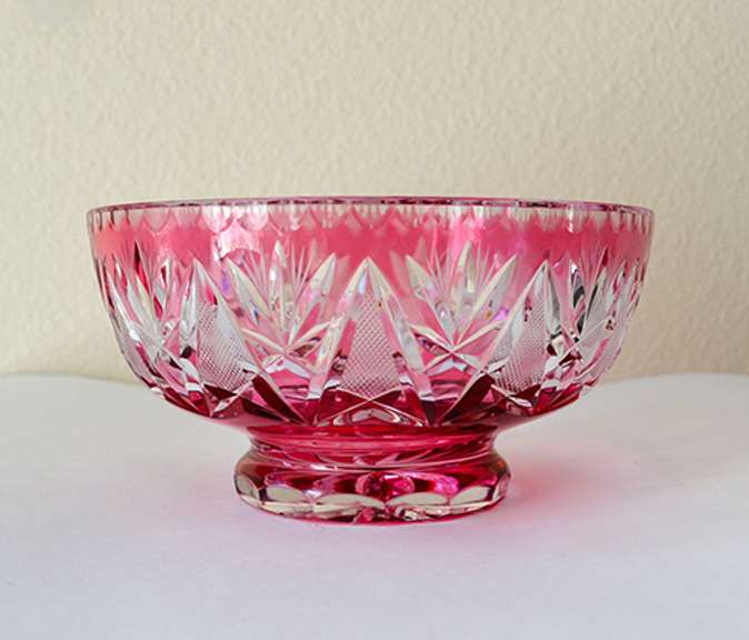 Gorgeous Heavy Bohemia Czech Cut to Clear Light Ruby Red Footed Bowl, Candy Dish, Valentine's Day Gift