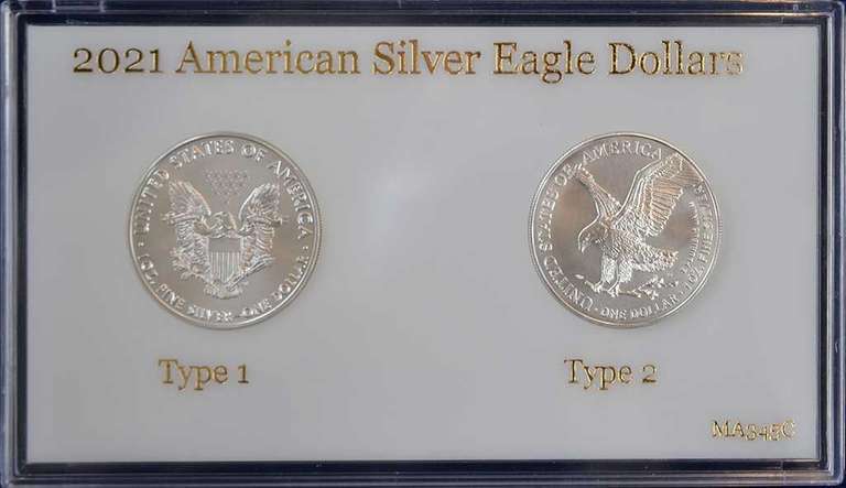 2021 American Silver Eagles Type 1 & Type 2 In Plastic Holder.