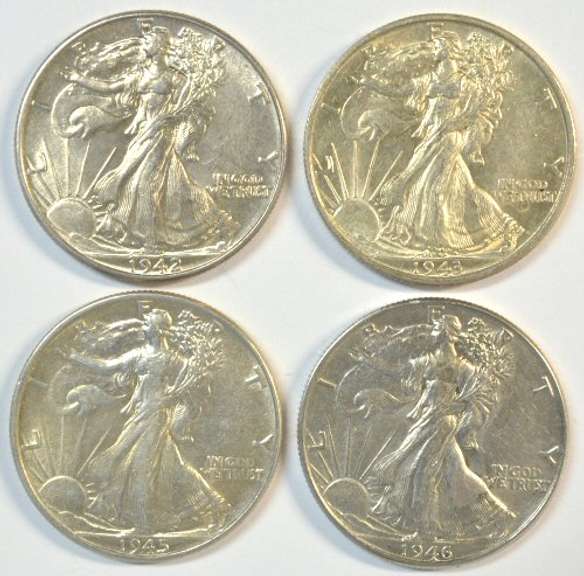 4 Nice diff 'P' Mint Walking Liberty Half Dollars 1942 to 1946