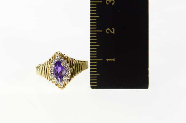 14K Yellow Gold Grooved Marquise Amethyst Diamond Halo Ring
