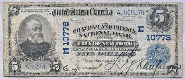 $ 5 Chatham & Pheneix Bank NY Series 1902 National Note