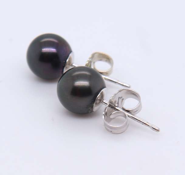 6.5mm Black Tahitian Pearl White Gold Stud Earrings