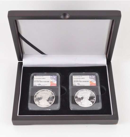(2) PF70UCAM 1986-S & 2020-W American Silver Eagles Signed - NGC - BOX