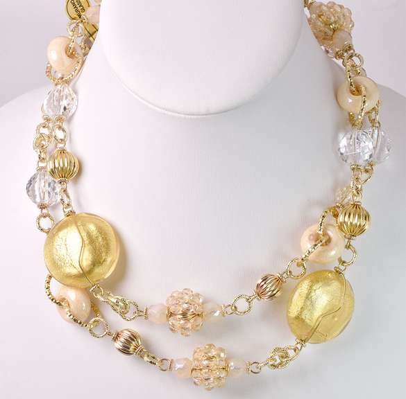 Glimmering Italian Made, Hand Blown Art Glass 36" Necklace with Gold and Gold Plated Links