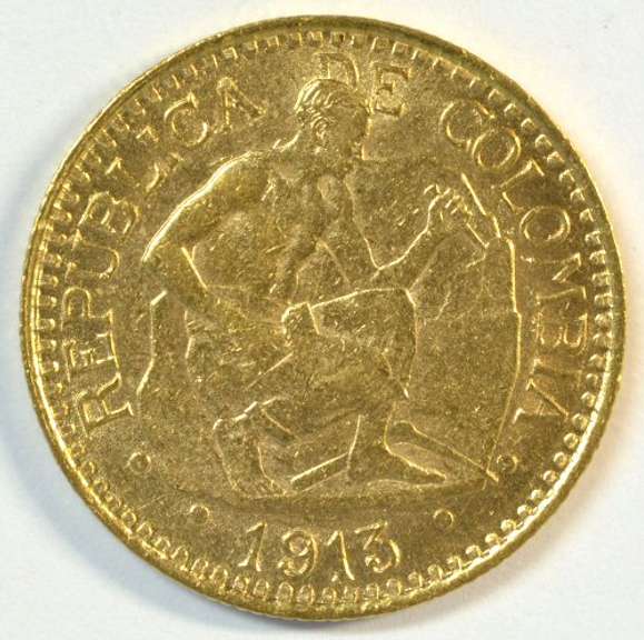 Scarce BU 1913 Colombia 5 Pesos Gold Piece