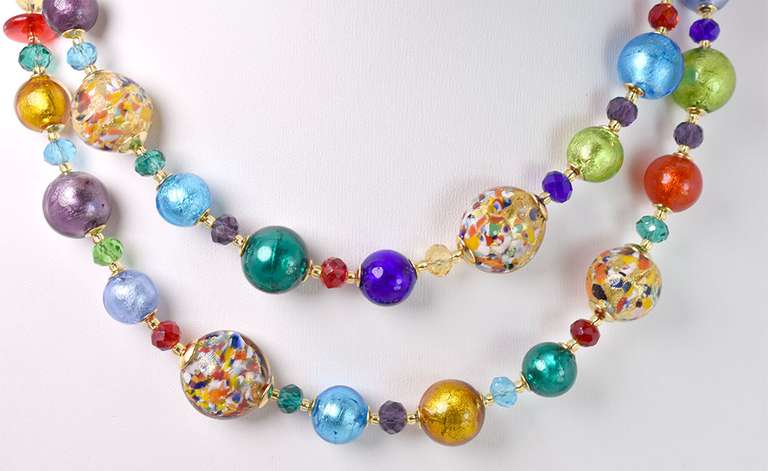 Darling Italian Made, Colorful Hand Blown Art Glass and Gold Necklace