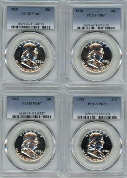 4 Awesome Superb Gem Proof 1958 Franklin Halves. PCGS PR67