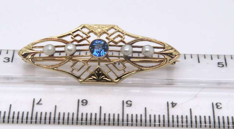 Antique 14kt Yellow Gold Blue Sapphire and Pearl Brooch