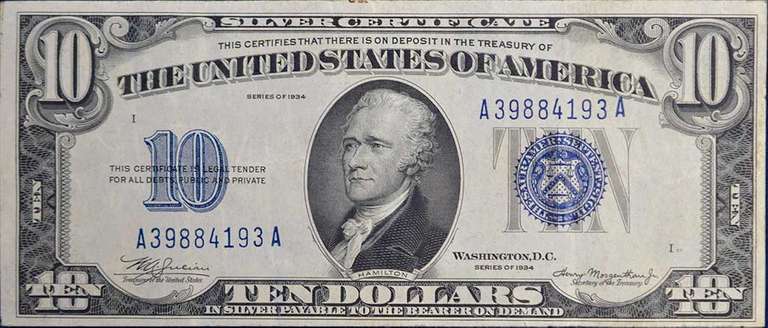 Serirs 1934 $10 Silver Certificate, Circulated. FR.1701