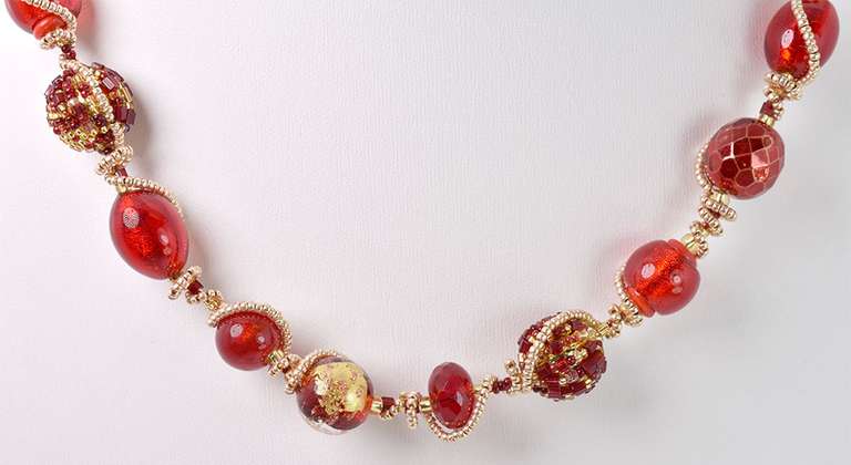Mesmerizing Italian Made, Hand Blown Art Glass with Gold Leaf Overlays Necklace